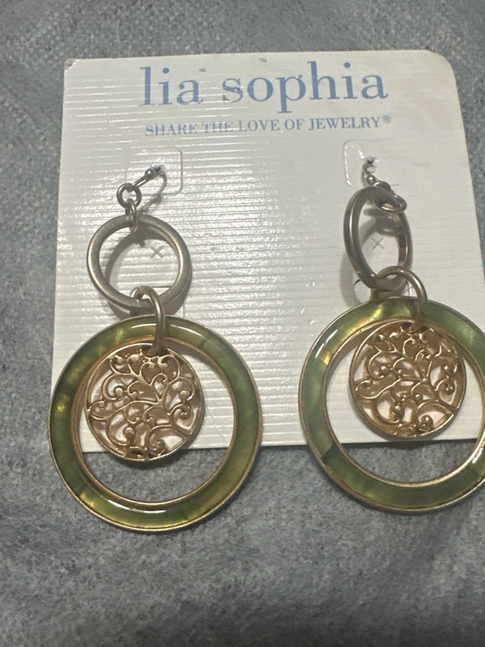 Lia Sophia Green and Gold Open Circle Filigree Drop Earrings